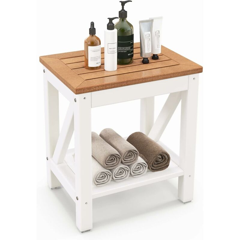 Costway – Tabouret de douche antidérapant 2 niveaux – Imperméable en HDPE – Capacité 150 kg – Rangement pratique pour salle de bain – Brun et blanc