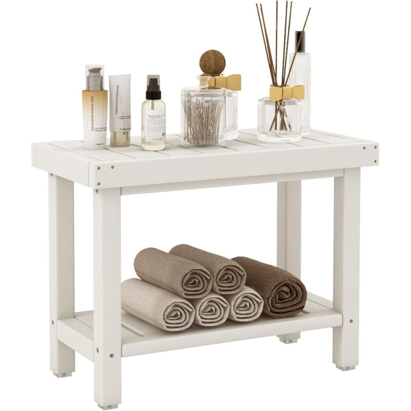 COSTWAY Tabouret Salle de Bain à 2 Niveaux, Petit Tabouret de Douche Imperméable Antidérapant avec Étagère Rangement, Chaise Banc Salle de Bain Siège