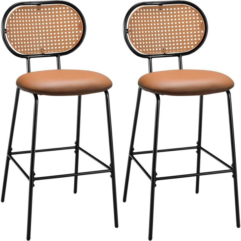 Costway - Tabourets de Bar Lot de 2, Chaise Haute Bar en Cuir pu 75 cm de Haut, Tabouret Cuisine avec Dossier Rotin pe, Repose-pieds, Cadre en Métal,
