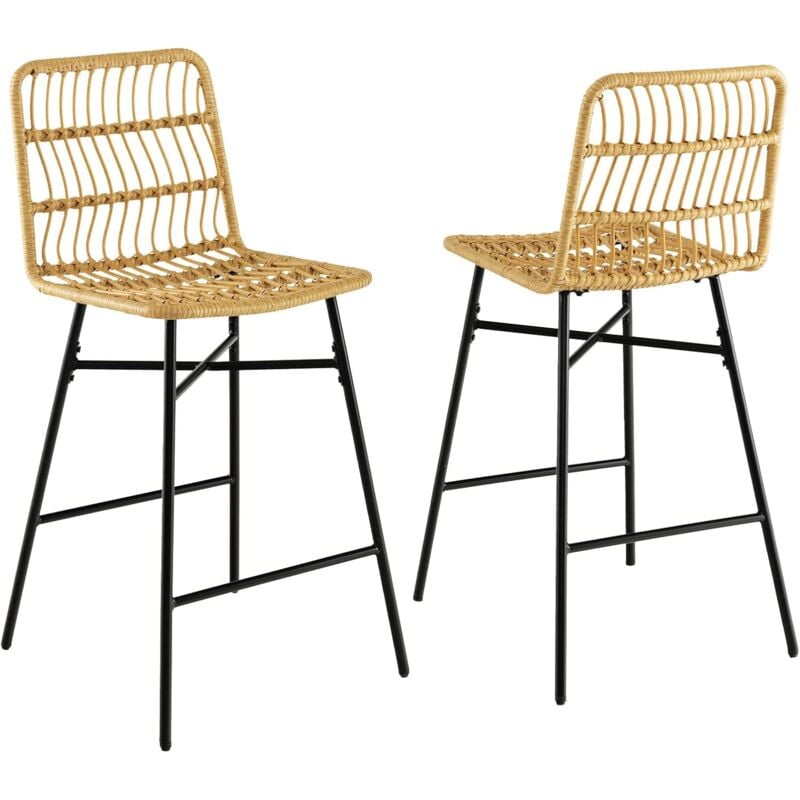 Costway - Tabourets de Bar Lot de 2, Dossier en Rotin pe, Siège en Cuir pu - 69 cm de Haut, Style Naturel