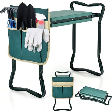 COSTWAY Tabourets de Jardinage Pliable avec Coussin EVA, Genouillère de Jardin 2 en 1 Cadre en Métal Siège de Jardinier avec 1 Grande Pochette à Outils Charge 150KG pour Jardinage, Vert