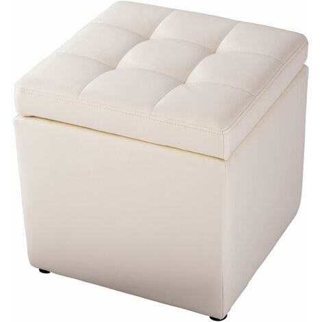 COSTWAY Taburete de Almacenamiento Cubo Asiento Caja Silla Tapizado PU Cuero 40x40x40cm Blanco crema