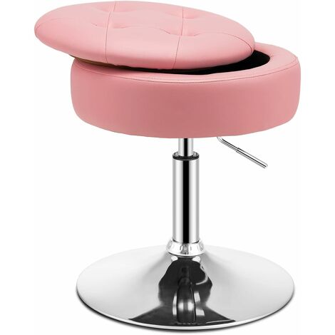 COSTWAY Taburete de Tocador con Almacenamiento, Otomana Redonda de Cuero PU Giratorio a 360°, Taburete de Maquillaje Ajustable en Altura con Tapa Abatible para Salón Dormitorio (Rosa)