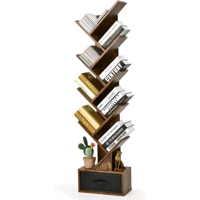 Bibliothèque à 8 Niveaux en Forme Arbre avec Tiroir Tissu Amovible Style Industriel pour Chambre, Salon et Bureau Marron - Costway