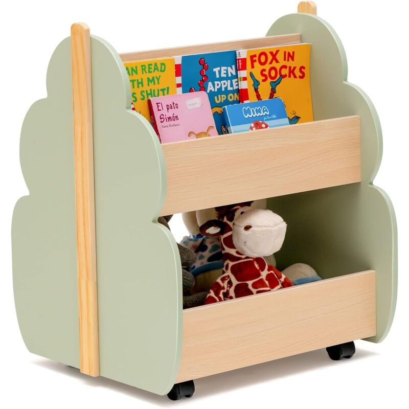 COSTWAY Étagère de Rangement Enfants ave Forme de Feuilles, Bibliothèque en Bois à 2 Niveaux avec Roues Universelles, Organisateur pour Livres Jouets