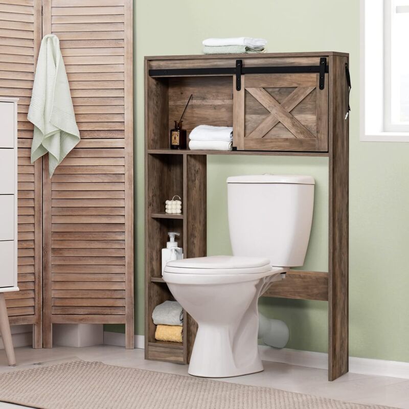 Meuble wc au-Dessus de Toilettes en Bois, Étagère de Toilette, Meuble de Salle de Bains avec avec 3 Etagères et 2 Placards, 84 x 17 x 128 cm, Gris