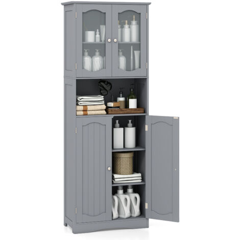 COSTWAY Tall Bathroom Storage Cabinet Tempered Glass Door Pantry Cabinet-Grey