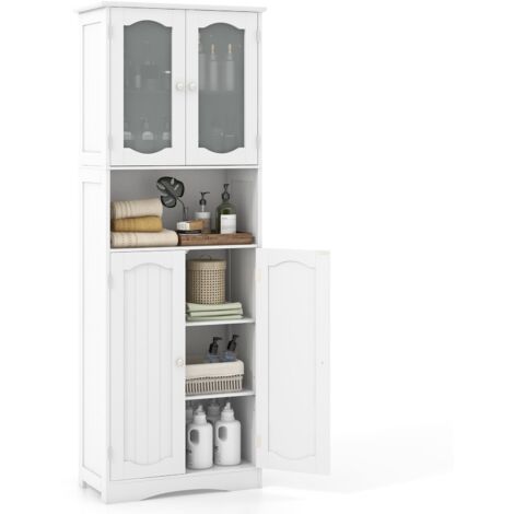 COSTWAY Tall Bathroom Storage Cabinet Tempered Glass Door Pantry Cabinet-White