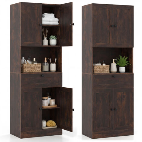 COSTWAY Tall Brown Bathroom Cabinet Freestanding Storage Cabinet Modern Wooden Storage Organizer
