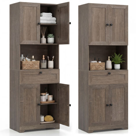 COSTWAY Tall Grey Bathroom Cabinet Freestanding Storage Cabinet Modern Wooden Storage Organizer