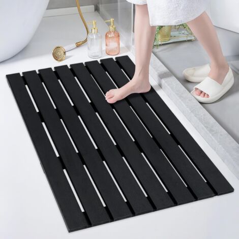 COSTWAY Tapis de Douche Imperméable 60 x 100 cm, Grand Tapis de Bain avec Texture Antidérapante, Design à Lattes, Tapis de Sol WPC Robuste, pour Salle de Bain, Douche, Spa de Luxe, Extérieur, Noir