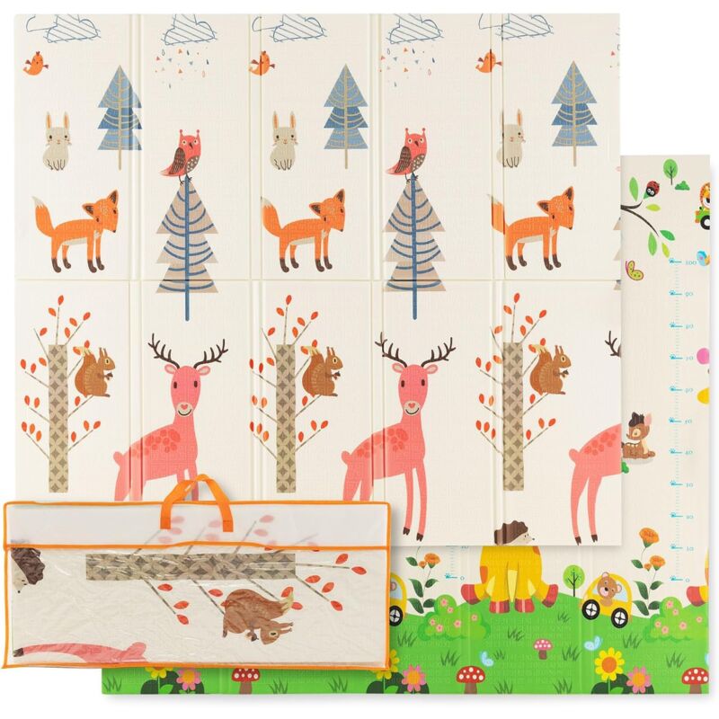 Costway - Tapis de Jeu Bébé Pliable 200x180x1,4cm avec Sac de Transport, Tapis de Sol xxl en xpe Imperméable et Réversible avec Motif Girafe & Cerf,