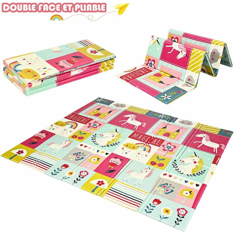 Costway - Tapis de Jeu pour Bébé Pliable 200x180x1,4CM avec l'Image Licorne/Lion en Mousse xpe Non Toxique Antidérapant Double Face avec Sac de