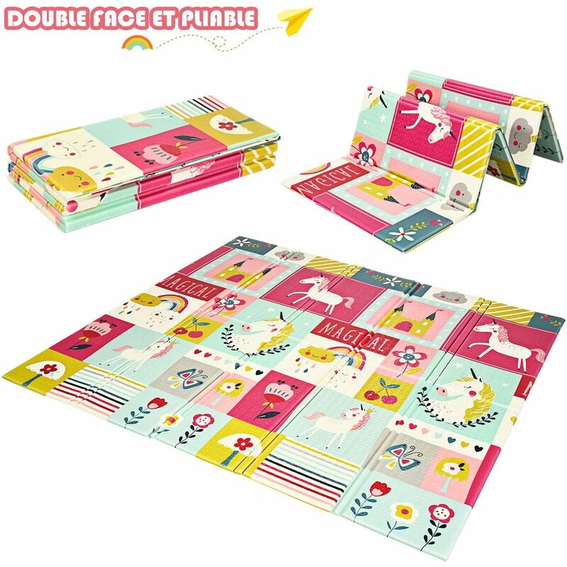 Costway - Tapis de Jeu pour Bébé Pliable 200x180x1,4CM avec l'Image Licorne/Lion en Mousse xpe Non Toxique Antidérapant Double Face avec Sac de