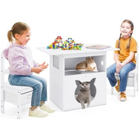 COSTWAY Tavole e Sedie per Bambini 3+ Anni, Tavolo in Legno con Casetta per Gatti, Buco per Gatti & Finestra Trasparente, 2 Sedie con Contenitori in Tessuto, Ideale per Disegnare e Studiare