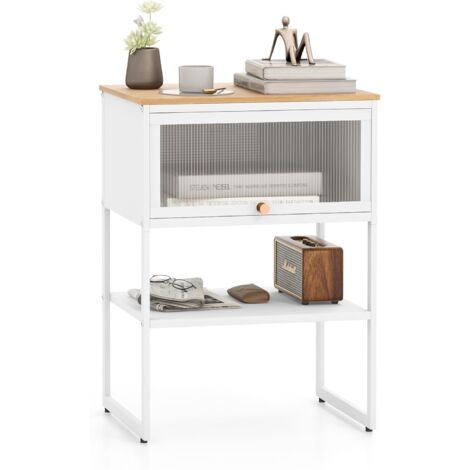 COSTWAY Tavolino con Anta a Ribalta, Tavolino da Divano o Letto a 3 Livelli con Ripiano di Archiviazione, Comodino Moderno per Soggiorno e Camera da Letto, 40 x 32 x 56 cm (Bianco)