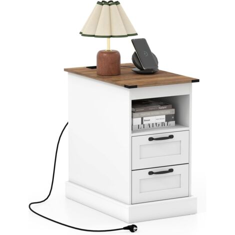 COSTWAY Tavolino con Cassetti e Stazione di Ricarica, Comodino con Mensola Aperta, 2 Cassetti, 2 Prese AC, Porta USB e Porta Type-C, Tavolino da Divano e Letto per Salotto e Camera da Letto (Bianco)