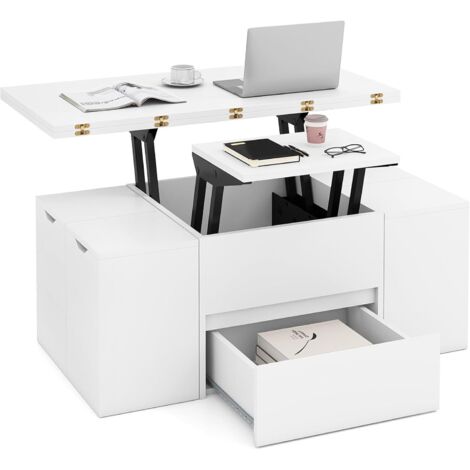 COSTWAY Tavolino con Piano Sollevabile e Pieghevole, Tavolino da Salotto 3 in 1 con 4 Sgabelli Contenitori, Scomparto Nascosto e Cassetto, Tavolo Rettangolare per 4-8 Persone (Bianco)