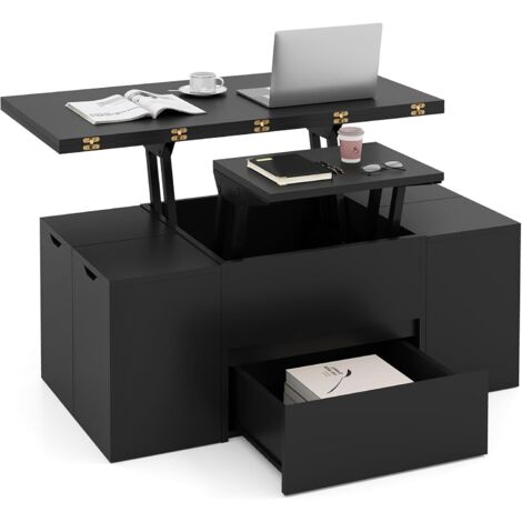 COSTWAY Tavolino con Piano Sollevabile e Pieghevole, Tavolino da Salotto 3 in 1 con 4 Sgabelli Contenitori, Scomparto Nascosto e Cassetto, Tavolo Rettangolare per 4-8 Persone (Nero)