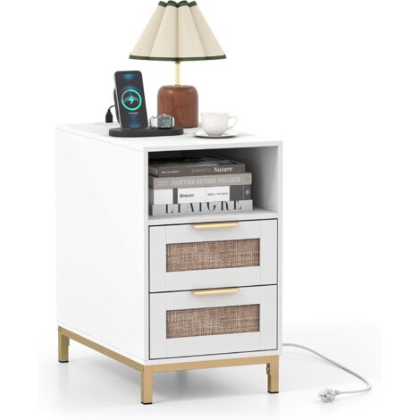COSTWAY Tavolino con Stazione di Ricarica, Comodino in Rattan con 2 Cassetti, Bianco