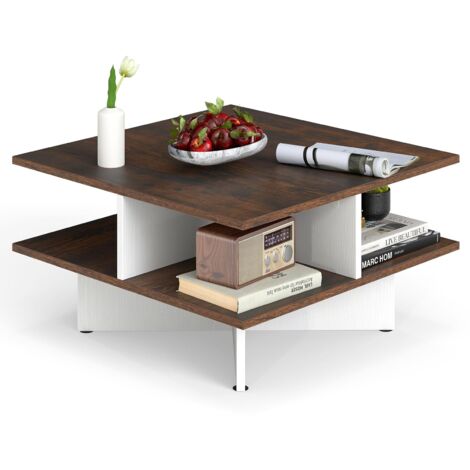 COSTWAY Tavolino da Caffè a 2 Livelli, Tavolo da Salotto con 4 Scomparti per Storage e Base a Croce, Tavolo Moderno per Studio, Ufficio e Soggiorno, Marrone e Bianco