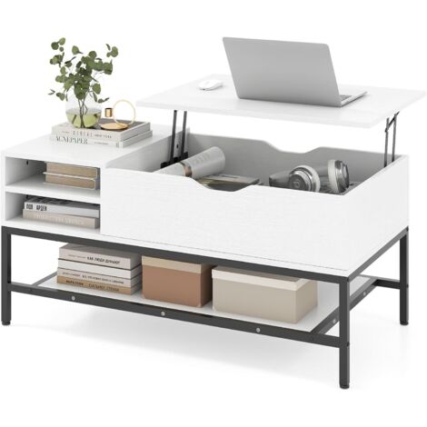 COSTWAY Tavolino da Caffè con Piano Sollevabile e Scomparto Nascosto, Tavolo da Salotto in Legno con Ripiano Portaoggetti, Ideale per Piccoli Spazi (Bianco)