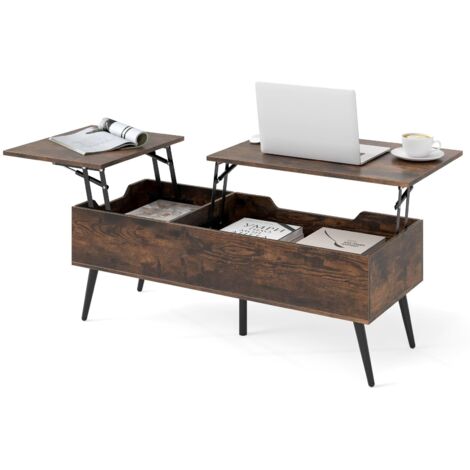 COSTWAY Tavolino da Caffè con Piano Sollevabile, Tavolino Moderno con 2 Scomparti Nascosti e Gambe in Metallo, Tavolo per Soggiorno, Studio e Ufficio, 111 x 48 x 40-53,5 cm (Marrone)