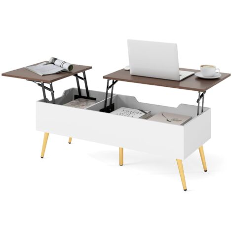 COSTWAY Tavolino da Caffè con Piano Sollevabile, Tavolino Moderno con 2 Scomparti Nascosti e Gambe in Metallo, Tavolo per Soggiorno, Studio e Ufficio, 111 x 48 x 40-53,5 cm (Noce)