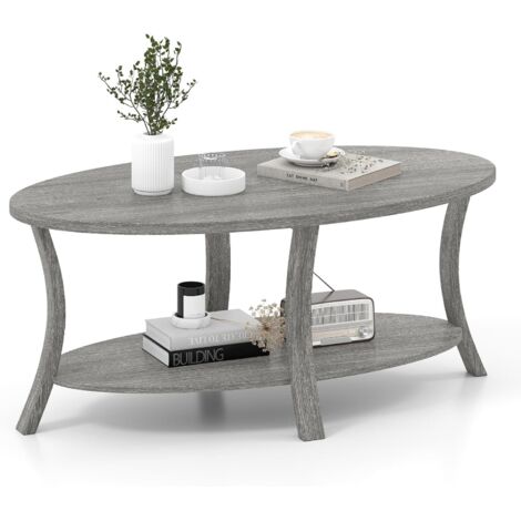 COSTWAY Tavolino da Caffè Ovale a 2 Livelli, Tavolino Basso da Salotto in Legno con Ampio Piano e Ripiano Aperto, Design Rustico per Soggiorno, Ufficio e Studio, 111 x 60,5 x 47 cm (Grigio)
