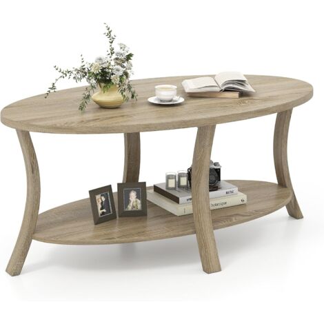 COSTWAY Tavolino da Caffè Ovale a 2 Livelli, Tavolino Basso da Salotto in Legno con Ampio Piano e Ripiano Aperto, Design Rustico per Soggiorno, Ufficio e Studio, 111 x 60,5 x 47 cm (Naturale)