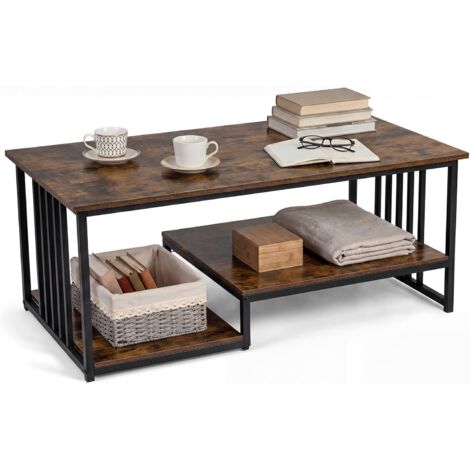 COSTWAY Tavolino da Caffè Rettangolare con 2 Ripiani Portaoggetti，110x60x45 cm，Marrone