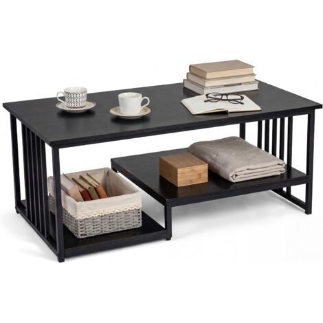 COSTWAY Tavolino da Caffè Rettangolare con 2 Ripiani Portaoggetti,110x60x45 cm,Nero