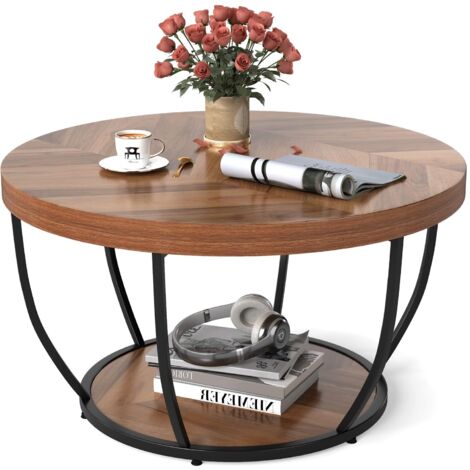 COSTWAY Tavolino da Caffè Rotondo a 2 Ripiani, Tavolo da Salotto in Legno con Struttura in Metallo, Tavolino Soggiorno Industriale con Piedini Regolabili, 80 x 80 x 45 cm (Moderno)
