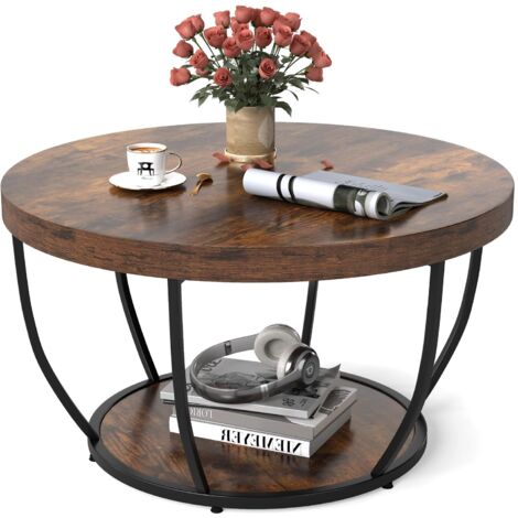 COSTWAY Tavolino da Caffè Rotondo a 2 Ripiani, Tavolo da Salotto in Legno con Struttura in Metallo, Tavolino Soggiorno Industriale con Piedini Regolabili, 80 x 80 x 45 cm (Rustico)
