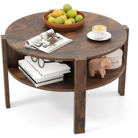 COSTWAY Tavolino da Caffè Rotondo con Ripiano Diviso a 4, Tavolino Basso in Legno Moderno, Tavolo per Salotto, Soggiorno e Cameretta, 74,5 x 74,5 x 45,5 cm (Marrone)