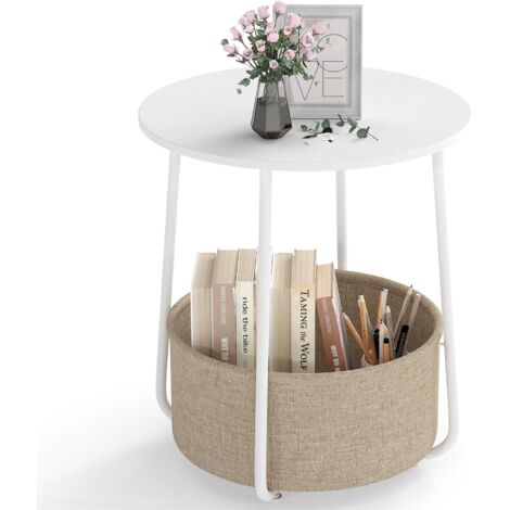 COSTWAY Tavolino da Salotto a 2 Livelli con Cesta in Tessuto, Comodino Moderno con Struttura in Metallo, Tavolino Rotondo per Soggiorno e Camera da Letto, 45 x 45 x 50,5 cm (Bianco)