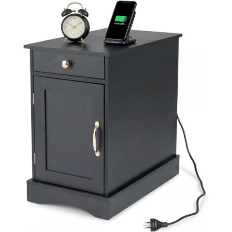COSTWAY Tavolino da Salotto con Stazione di Ricarica, Cassetto, Armadietto e Ripiano Regolabile, Tavolino in Legno per Soggiorno, Camera da Letto e Spazi Piccoli (Nero)