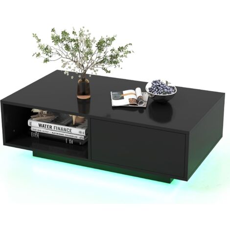 COSTWAY Tavolino da Salotto in Legno, Tavolino Moderno e Rettangolare con 20 Colori di Luci a LED, Telecomando, Porta USB, Cassetto e Ripiano Aperto, Tavolino per Studio e Ufficio (Nero)
