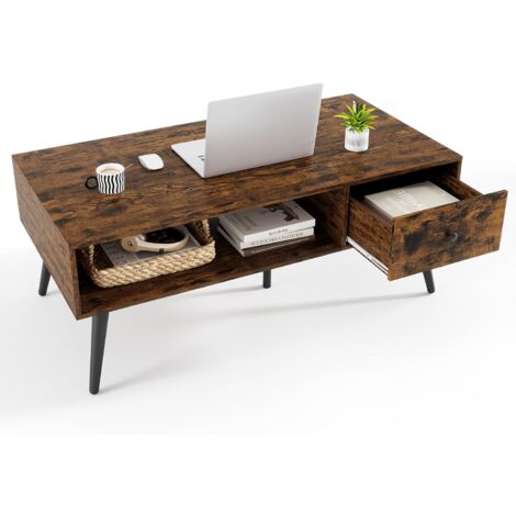 COSTWAY Tavolino da Salotto Rettangolare Design Moderno, Tavolino da Caffè con Cassetto e Mensola Inferiore, Tavolino Basso da Divano con Gambe in Metallo per Soggiorno, 109 x 55 x 42 cm (Marrone)
