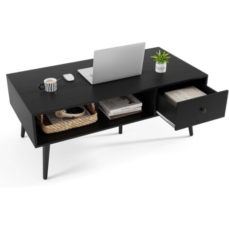 COSTWAY Tavolino da Salotto Rettangolare Design Moderno, Tavolino da Caffè con Cassetto e Mensola Inferiore, Tavolino Basso da Divano con Gambe in Metallo per Soggiorno, 109 x 55 x 42 cm (Nero)