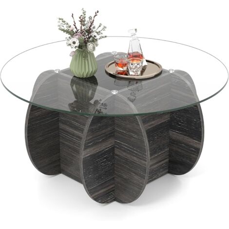 COSTWAY Tavolino da Salotto Rotondo con Piano in Vetro Temperato e Base in Legno Massello, Tavolino da Caffè Moderno con Scomparto Portaoggetti per Soggiorno, Studio e Ufficio, 89 x 89 x 46 cm