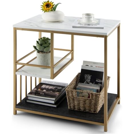 COSTWAY Tavolino da Salotto, Tavolini da Caffè Multifunzione con 3 Livelli e Struttura in Acciaio Verniciata Dorata, Stile Moderno per Salone Camera da Letto, 60 x 40 x 60,5 cm