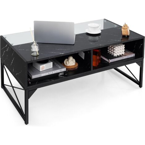 COSTWAY Tavolino da Salotto, Tavolino da Caffè da in Vetro e Legno con Luce LED Multicolore Regolabile a Telecomando e Ripiani, Tavolino per Soggiorno e Ufficio, 105 x 55 x 50 cm (Nero)