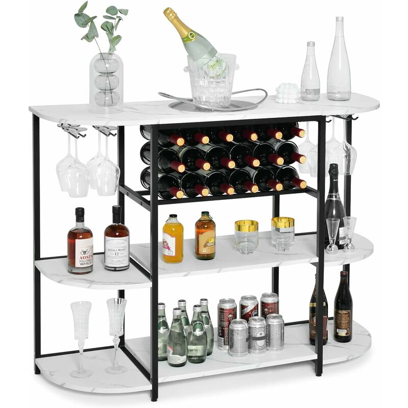 Image of Tavolino da vino, Mobile Bar da 120 cm con Portabottiglie e Porta Bicchieri, per Cucina, Sala da Pranzo, Soggiorno, 120 x 40 x 91 cm, bianco - Costway