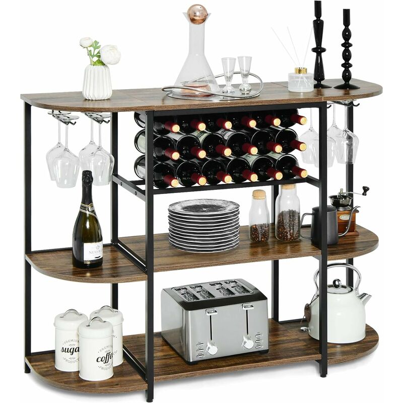 Image of Tavolino da vino, Mobile Bar da 120 cm con Portabottiglie e Porta Bicchieri, per Cucina, Sala da Pranzo, Soggiorno, 120 x 40 x 91 cm, Marrone