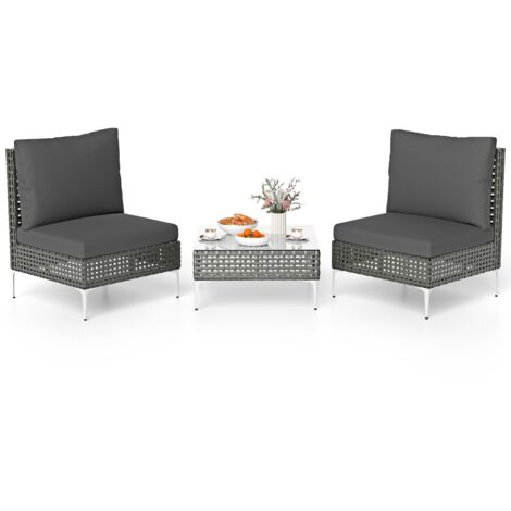 COSTWAY Tavolino e 2 Sedie da Giardino, Set da Conversazione in Rattan con Cuscini e Tavolino in Vetro Temperato, Set da Bistrò per Veranda, Balcone e Cortile (Modello 1,3 pezzi)