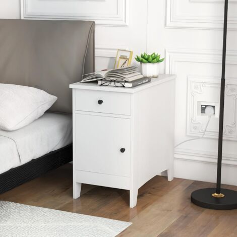 COSTWAY Tavolino Laterale con Stazione di Ricarica, Tavolino con Porte USB e Prese, Cassetto, Armadietto di Stoccaggio e Porta Riviste, Comodino per Camera da Letto e Salotto (Bianco)