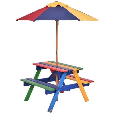 COSTWAY Tavolino per Bambini con Sedie e Ombrellone,Panchina da Esterno in Legno per Cortile,Colorato