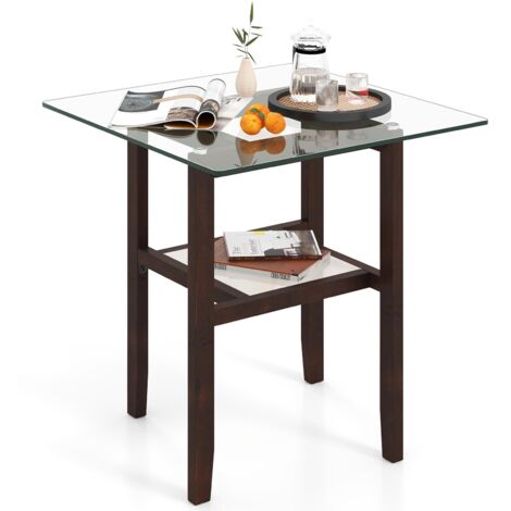COSTWAY Tavolino Quadrato in Vetro, Tavolino Laterale con 2 Ripiani e Struttura in Legno di Gomma, Tavolo Moderno per Soggiorno, Casa e Ufficio, 61 x 61 x 62,5 cm