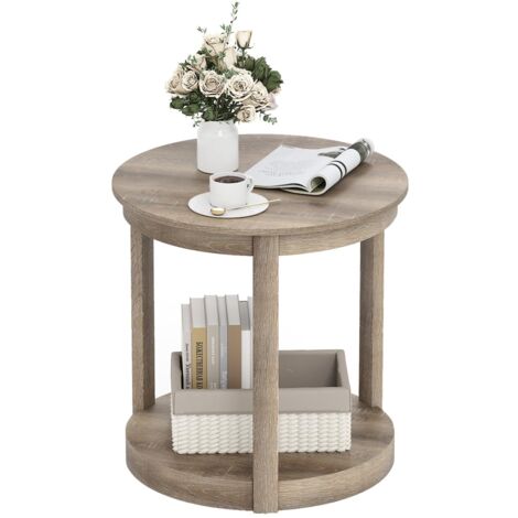 COSTWAY Tavolino Rotondo da Salotto, Tavolo da Caffè a 2 Livelli con Ripiano e Gambe in Legno di Gomma, Portata 160 kg, Tavolino in Legno per Soggiorno, Studio e Ufficio, 60,5 x 60,5 x 61 cm (Grigio)